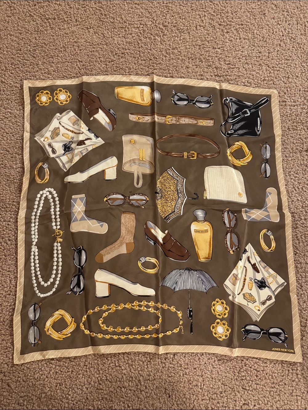 Jones New York Brown and Gold Vintage-Inspired Silk Accessory Print Scarf
